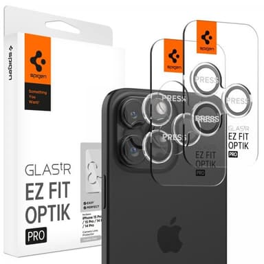 Spigen iPhone 14/15 Pro/iPhone 14/15 Pro Max Kameran linssinsuojus GLAS.tR EZ Fit Optik Pro Crystal Clear 2-pakkaus