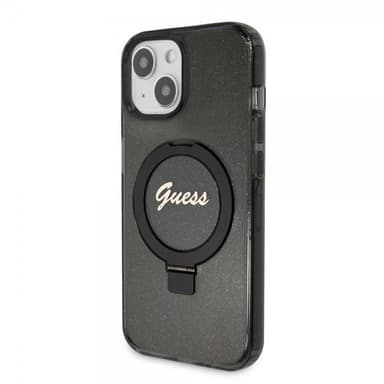 Guess iPhone 15 Kuori Ring Stand Glitter MagSafe Musta