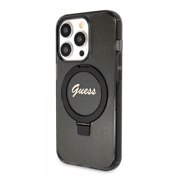 Guess iPhone 15 Pro Max Kuori Ring Stand Glitter MagSafe Musta
