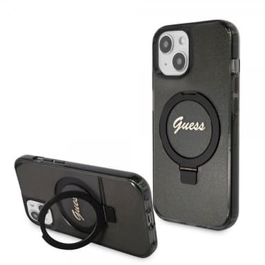 Guess iPhone 15 Kuori Ring Stand Glitter MagSafe Musta