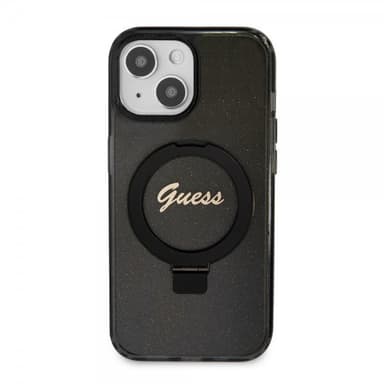 Guess iPhone 15 Kuori Ring Stand Glitter MagSafe Musta