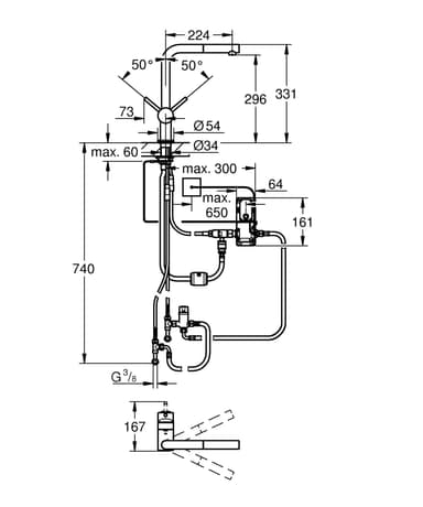Grohe Minta Touch, L-juoksuputki ulosvedettävä flexiletku