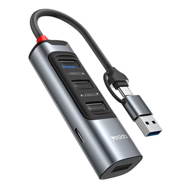 USB + USB-C keskitinsovitinmuunnin USB 3.0 + 3xUSB 2.0 + PD 100W