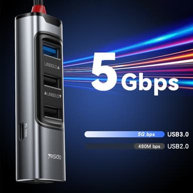 USB + USB-C keskitinsovitinmuunnin USB 3.0 + 3xUSB 2.0 + PD 100W