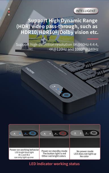 NÖRDIC HDMI-kytkin 2 - 1 8K60Hz 4K120Hz 48Gbps HDR HDCP2.3 Surround 7.1 CEC