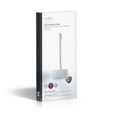 Nedis USB N Moniporttisovitin | USB 3.2 Gen 1 | USB-C™ Uros | USB-A Naaras / USB-C™ Naaras / VGA Naaras | 5 Gbps | 0.20 m | Pyöreä | Kullattu | Nailon / Punottu | Hopea | Laatikko kannella ja ikkunalla