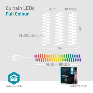 Nedis Älykäs jouluvalot | Verho | Wi-Fi | RGB | 180 LED's | 3 m | Android™ / IOS