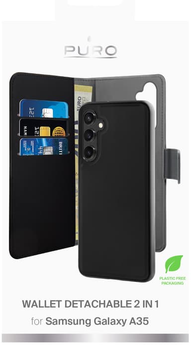 Puro 2in1 Samsung Galaxy A35 lompakkokotelo (musta)