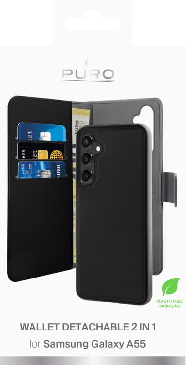 Puro 2in1 Samsung Galaxy A55 lompakkokotelo (musta)