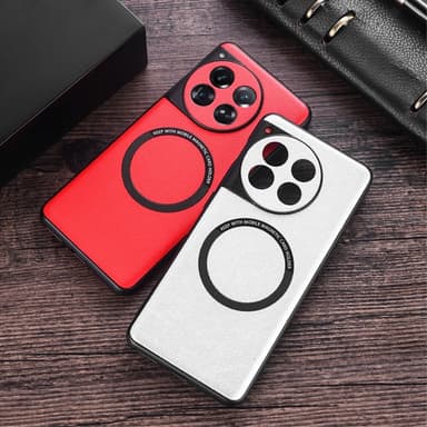 SKALO OnePlus 12 5G PU Nahka Hybrid Magnetic Ring Suojakuori - Punainen