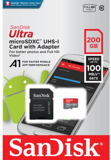 SanDisk Ultra Micro SD kortti 200 GB SD adapterilla