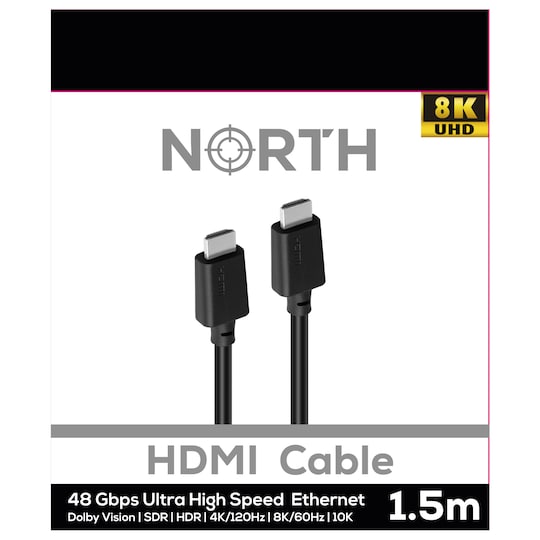NORTH HDMI Johto Ultra High Speed 1,5m Musta 48Gbps 8K/60Hz 4K/120Hz 10K