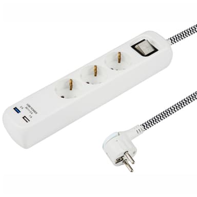Smartline 3-osainen jatkojohto + 2 USB porttia 13789 (valkoinen)
