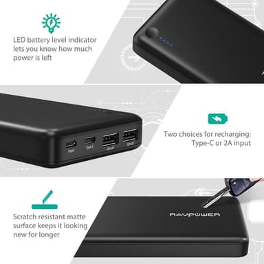 RAVPower 26800 mAh varavirtalähde, 30W USB-C PD output, Musta