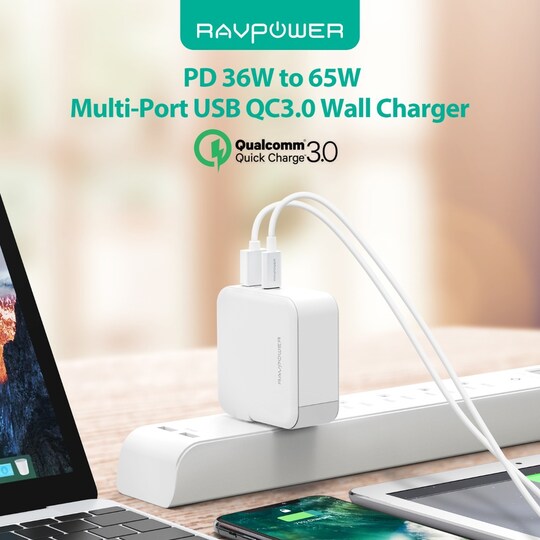 RAVPower 2-port 45W USB-C PD ja QC 3.0 USB-A Seinälaturi, Valkoinen