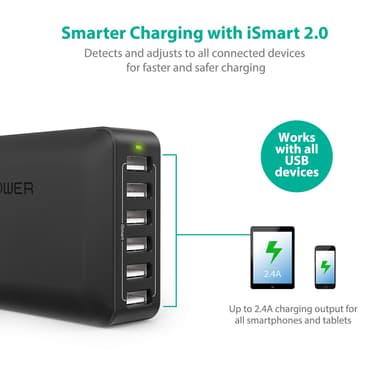 RAVPower 6-port USB Hub laturi, 60W & 12A, Musta