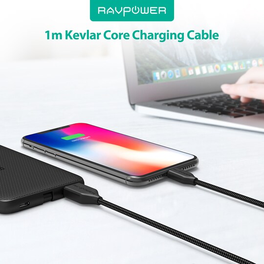 RAVPower Kevlar 0,9m USB-A että MFi Lightning Nylon Yarn Braided Kaapeli, Musta