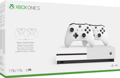 Xbox One S 1 TB + 2 ohjainta (valkoinen)