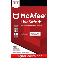 McAfee LiveSafe Plus 12kk - PC, Mac, iOS, Android (laitteen ostajalle)