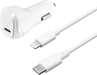 Sandstrøm 18W PD autolaturi USB-C - Lightning kaapelilla (valkoinen)
