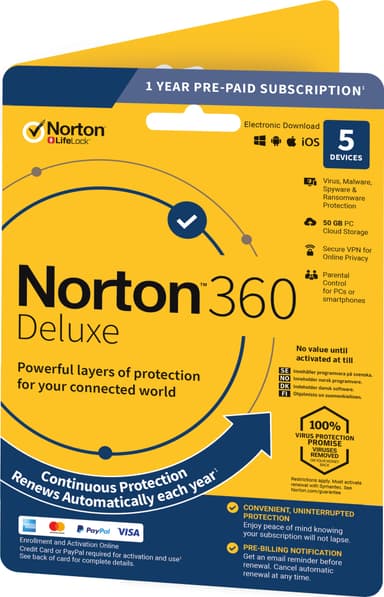 Norton 360 Deluxe virustorjuntaohjelma 5 laitteelle (verkkotilaus)