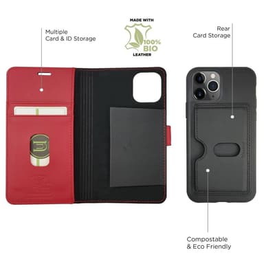 Ympäristöystävällinen Aitoa nahkaa iPhone 11 Pro lompakkokotelo 2 in 1 -Black/Red