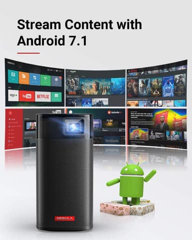 Nebula Apollo 480p on kannettava projektori, jossa on Android TV, kaiutin ja sisäänrakennettu akku.