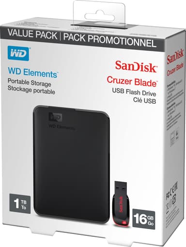 WD Elements 1TB ulkoinen kovalevy ja 16 GB USB muistitikku