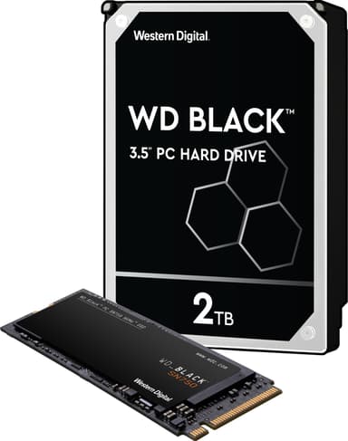 WD Black 3,5" 2 TB kovalevy ja WD Black SN750 500 GB NVMe SSD