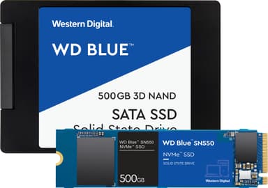 WD Blue 2,5" 500 GB SATA 3 SSD ja WD Blue SN550 500 GB NVMe SSD