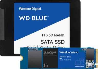 WD Blue 2,5" 1 TB SATA 3 SSD ja WD Blue SN550 1 TB NVMe SSD