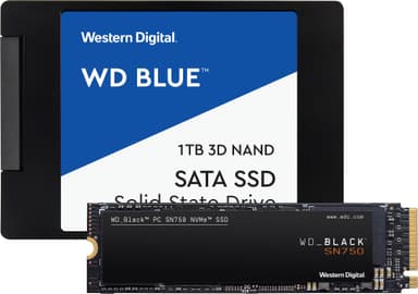 WD Blue 2,5" 1 TB SSD ja WD Black SN750 1 TB NVMe SSD