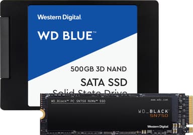 WD Blue 2,5" 500 GB SSD ja WD Black SN750 500 GB NVMe SSD