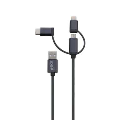 GEAR Synkkabel 3in1 Lightning USB-C Micro-USB  1.2m Svart MFI Aluminuim Hölje