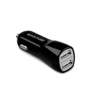 Promate VIVID.BLACK-autolaturi, kaksois-USB A -portit 5V/2,4 A Yhteensä 3,1 A, musta, tulo 12–24 V DC, musta