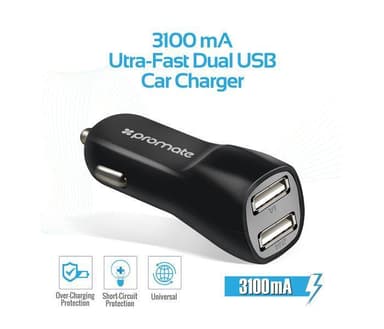 Promate VIVID.BLACK-autolaturi, kaksois-USB A -portit 5V/2,4 A Yhteensä 3,1 A, musta, tulo 12–24 V DC, musta