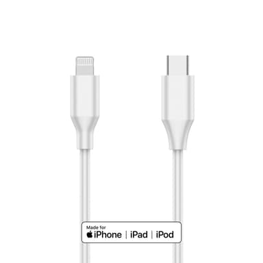 NÖRDIC MFI-sertifioitu Lightning–USB C -kaapeli iPhonelle, iPadille ja iPodille, valkoinen, 1 m