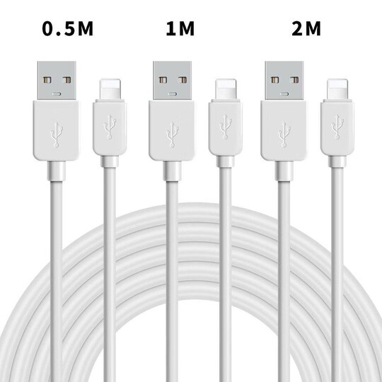 NÖRDIC kaapelisarja 3 kpl, 0,5 m+1 m+2 m, Lightning (ei MFI)–USB A 2.0, 480 Mb/s, 2,4 A, valkoinen, iPhonelle ja iPadille