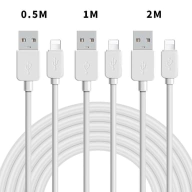 NÖRDIC kaapelisarja 3 kpl, 0,5 m+1 m+2 m, Lightning (ei MFI)–USB A 2.0, 480 Mb/s, 2,4 A, valkoinen, iPhonelle ja iPadille