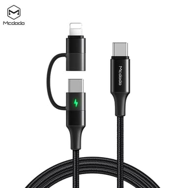 Mcdodo CA-7120 USB C–USB C + Apple Lightning (ei MFI) -kaapeli LED, synkronointi, nopea lataus, Android Apple, PD3.0, 60 W kangaspäällyste, 1,2 m