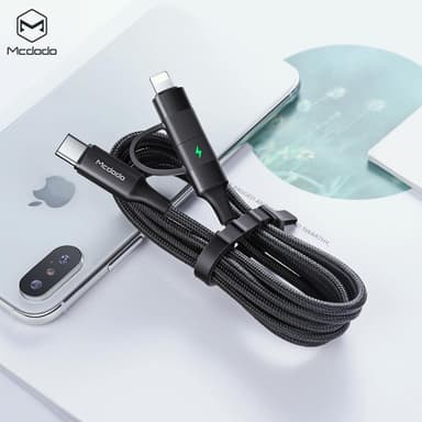 Mcdodo CA-7120 USB C–USB C + Apple Lightning (ei MFI) -kaapeli LED, synkronointi, nopea lataus, Android Apple, PD3.0, 60 W kangaspäällyste, 1,2 m