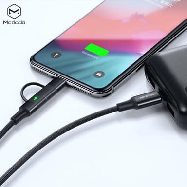 Mcdodo CA-7120 USB C–USB C + Apple Lightning (ei MFI) -kaapeli LED, synkronointi, nopea lataus, Android Apple, PD3.0, 60 W kangaspäällyste, 1,2 m