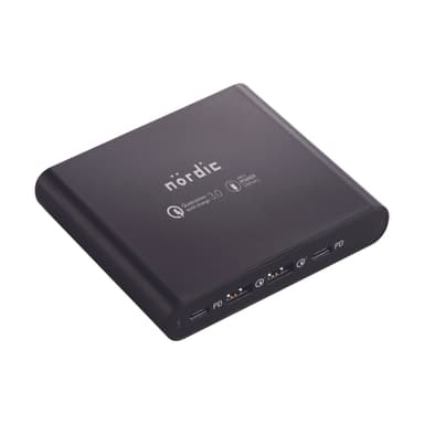 NÖRDIC 87 W 5-porttinen latausasema 2x USB C 87 W Power Delivery, 2x USB A 70 W QuickCharger 3.0, 1,5 m kaapeli