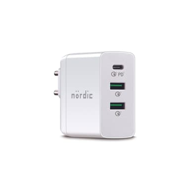 NÖRDIC 45 W 3-porttinen seinälaturi 1xUSB C 45 W, Power Delivery 3.0, Quick Charger 4, 2xUSB A 18 W QuickCharger 3