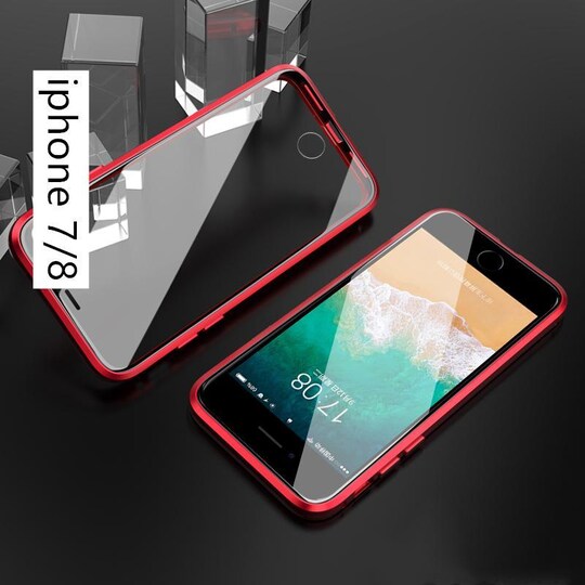 Magneettikuori, kaksipuolinen karkaistu lasi - iPhone 7 ja 8 - Punainen
