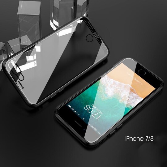 Magneettikuori, kaksipuolinen karkaistu lasi - iPhone 7 ja 8 - Musta