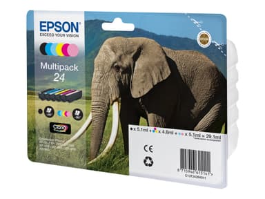 Epson 24 Multipack - 6 pakettia - musta, keltainen, sinivihreä, magenta, vaalea purppura, vaalea sinivihreä - alkuperäinen - mustepatruuna (vaihtoehto: Epson 24XL)
