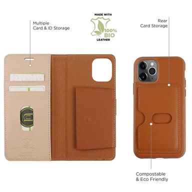 Ympäristöystävällinen Aitoa nahkaa iPhone 11 Pro lompakkokotelo 2 in 1 -Brown