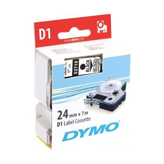 DYMO D1 merkkausteippi, 24mm, läpinäkyvä/musta teksti, 7m - 53710