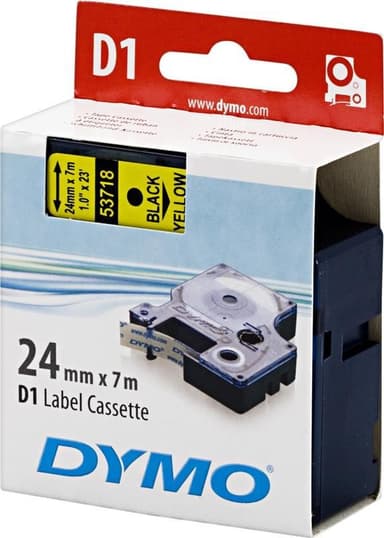 DYMO D1 merkkausteippi 24mm, nylon, keltainen/musta teksti, 7m
